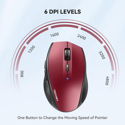 TECKNET Bluetooth Mouse, Wireless Silent 6 Buttons 2-Yr Battery, Red | BT 5.0/3.0, 6-Level DPI to 4800, Wide OS Compatible, Ergonomic for M/L Hands, Extended Battery - color: Red