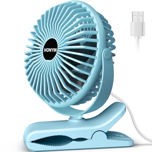 HONYIN 720° Rotation Small Desk, Hang & Clip on Fan by USB Plug In | Sturdy Clamp, 3 Speeds, Quiet Little Personal Cooling Fan for Bedroom Office Desktop Treadmill - color: Blue
