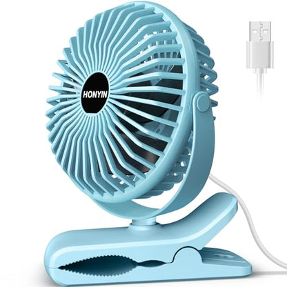HONYIN 720° Rotation Small Desk, Hang & Clip on Fan by USB Plug In | Sturdy Clamp, 3 Speeds, Quiet Little Personal Cooling Fan for Bedroom Office Desktop Treadmill - color: Blue