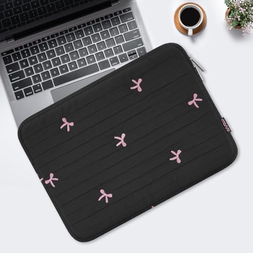 MOSISO 13-14 inch Laptop Case, 13.3 inch Puffy Laptop Sleeve, Black | Compatible with MacBook Neo/Air 13.6/Pro 13/Pro 14, HP Dell ASUS Lenovo, Striped Quilted Computer Bag with Embroidered Bow