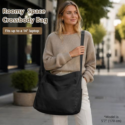 KALIDI Canvas Tote Bag Large Hobo Crossbody Shoulder Handbag Zipper Messenger Bag for Women or Men Casual College Work - color: Black