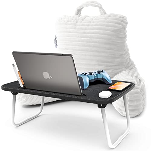 Nestl White Reading Pillow with Bed Desk for Laptop and Writing, Luxe Cut Plush Back Pillow for Sitting Up, Back and Arms Adjustable Support for Kids and Teens, Foldable Lap Desk for Bed 19x11” - color: 09- White, size: Small 14"