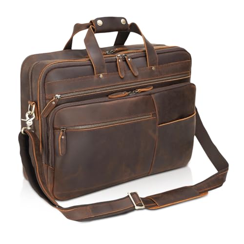 Polare X-Large 18" Full Grain Leather Briefcase For Men Business Travel Case Messenger Bag Fits 17.3" Laptop - color: Brown (Large 17'')