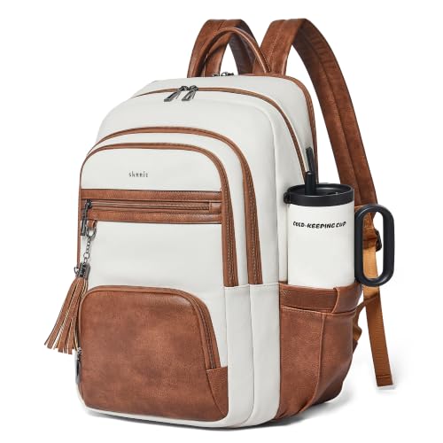Shrrie 17 Inch Laptop Backpack for Women,Vegan Leather Backpack Purse,28L Work Business College Travel Computer Backpacks with Pouch Pocket for Large Capacity Cup & USB Charger,Beige with Brown - color: Beige With Brown