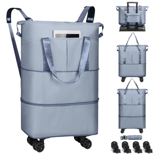 VOOWO Duffel Bag with Wheels - Rolling Foldable Expandable Duffle Bag with Wheels for Travel, Rolling Luggage Bag Carry On Travel Bag with Wheels, Large Wheeled Overnight Weekender Bag (Blue) - color: Blue