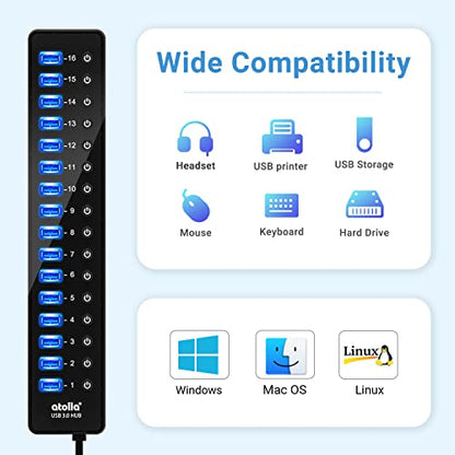 Power USB Hub 3.0, atolla 16 Port USB Splitter with 12V/6A Power Adapter and Individual Switches, High-Speed Data Transfer for Laptop, PC, Mac, and More Devices