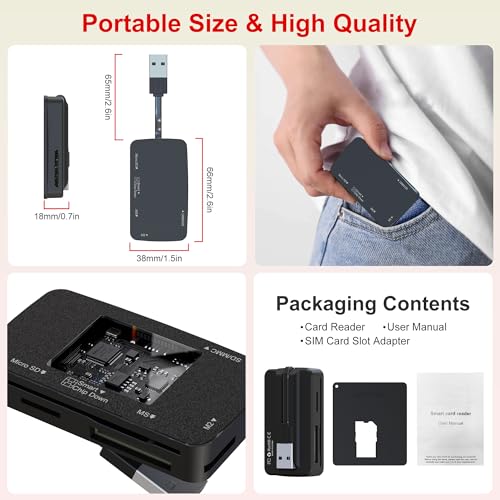 SIM Card Adapter - CAC Reader Military and Memory Card Adapter 7 in 1 SD/MMC/TF/Memory Stick Pro Duo/M2/IC/PIV/Chip/Smart Card/Standard SIM Reader for Computer Windows/Mac OS/Linux, Plug and Play
