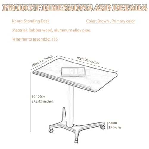 Height Adjustable Standing Desk, Mobile Lifting Workstation, Ergonomic Laptop Table, Sofa Side Table with Wheels, Large Space Study Desk(Brown)