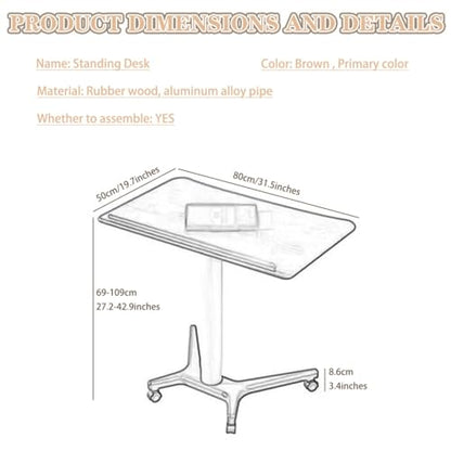 Height Adjustable Standing Desk, Mobile Lifting Workstation, Ergonomic Laptop Table, Sofa Side Table with Wheels, Large Space Study Desk(Brown)