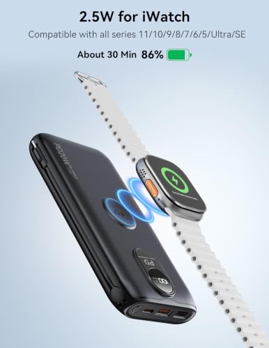 Portable Charger 10000mAh 20W, Wall Plug, 2 Cables, iWatch Charging | Digital Display, Compact Lightweight, USB C Fast Charge, USB-A 18W, Multi Protection, Travel Essential, for iPhone 17 16, Pad - color: Cosmic Black