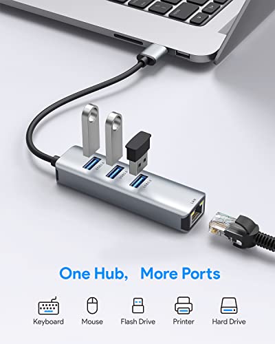 USB 3.0 to Ethernet Adapter,ABLEWE 3-Port USB 3.0 Hub with RJ45 10/100/1000 Gigabit Ethernet Adapter Support Windows 10,8.1,Mac OS, Surface Pro,Linux,Chromebook and More - color: Grey