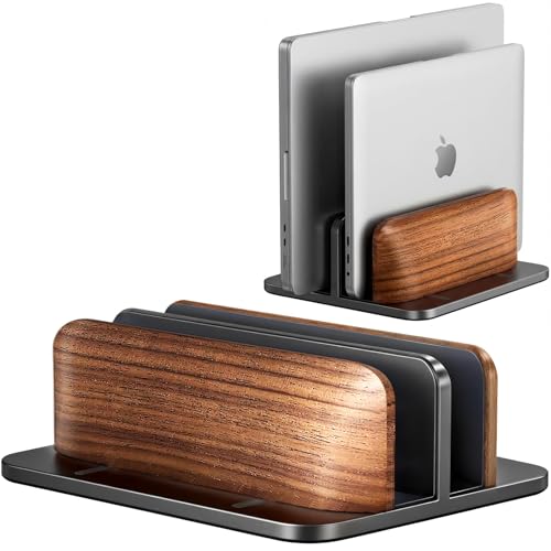 JCZT Vertical Laptop Stand, Walnut Dual Laptop Holder, Black | with Adjustable Aluminum Alloy Base Laptop Stand for All MacBok/Surface/Samsung/HP/Dell/Chrome Book Laptops (Up to 17.3 inch) - color: Black