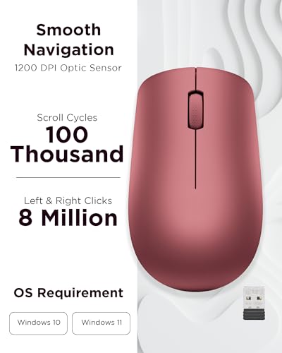 Lenovo 530 Full Size Wireless Computer Mouse for PC, Laptop, Computer with Windows - 2.4 GHz Nano USB Receiver - Ambidextrous Design - 12 Months Battery Life - Cherry Red - color: Cherry Red