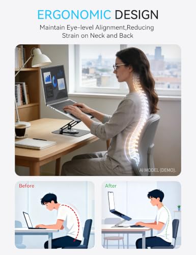 SOUNDANCE 360 Rotating Laptop Stand, Ergonomic Computer Riser for Desk, Adjustable Height Multi-Angle Metal Holder, Foldable Portable Notebook Elevating Base for Office & Home, Black - color: Black