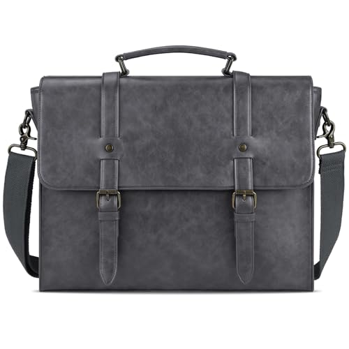Leather Mens Messenger Bag Vintage 15.6 Inch Waterproof Leather Laptop Briefcase Satchel Shoulder Bag Computer Laptop Bag Grey - color: Grey