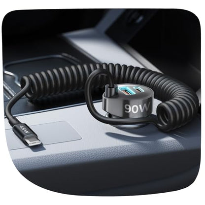 LISEN Car Charger with 45W Built-in USB-C 36 inch Coiled Cable, 90W Multi-Port Fast Charging Cigarette Lighter Adapter for iPhone 17/16/15 Pro Max, Samsung Galaxy S26 Ultra, Black | Car Charger USB C Fast Charge Adapter,Super Fast for Men Women, Car Acces