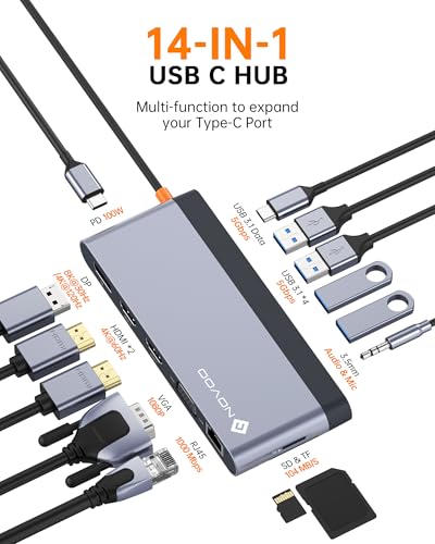 USB C Docking Station Quad Display, 14-in-1 Laptop Docking Station Dual Monitor, 8K@30Hz DP, Dual 4K@60Hz HDMI, VGA, 5 USB Data Ports, 100W PD, Ethernet, SD/TF, Mic/Audio, USB C HUB, Thunderbolt Dock - style: 14-in-1