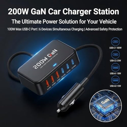 200W USB C Car Charger [GaN] PD 100W Laptop Car Charger, PD3.0/QC4.0/PPS Super Fast Charging for MacBook pro/Air/Dell/Lenovo/HP,iPhone 17/16/15 Series,Samsung Galaxy S26/S25 Ultra/S24