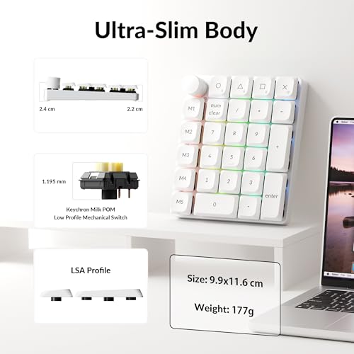 Keychron K0 Max QMK Wireless Custom Number Low-Profile RGB Backlit (Hot-Swappable) Banana Switch Keypad, 2.4 GHz & Bluetooth 5.3 Connection, 1000Hz Polling Rate - White - color: Banana Switch, size: White
