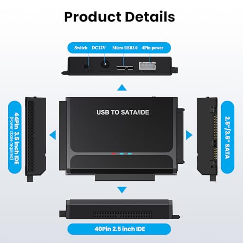 USB Type-C to SSD/SATA/IDE 2.5/3.5" Hard Drive Reader with Power Adapter | Hard Drive Adapter Data Transfer Universal Data Recovery Converter Kit for Hard Drive Disk Up to 6TB Capacity, Support UASP