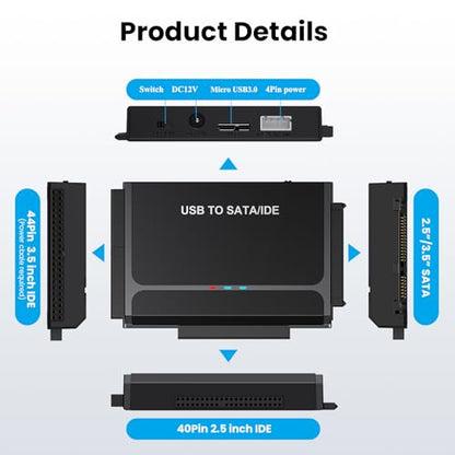 USB Type-C to SSD/SATA/IDE 2.5/3.5" Hard Drive Reader with Power Adapter | Hard Drive Adapter Data Transfer Universal Data Recovery Converter Kit for Hard Drive Disk Up to 6TB Capacity, Support UASP