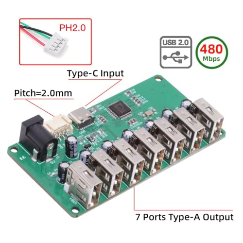 ChenYang 7 Port USB 2.0 HUB,Pitch=2.0mm 4Pin/USB C 1 to 7 USB 2.0 Splitter Port Multiplier Expansion Adapter with DC 5V Power Port for Laptop/Flash Drive/Keyborad/Mouse - style: PH2.0 1-to-7 USB-A