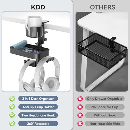 KDD Desk Cup Holder with 2 Headphone Hook - Rotating Pencil Holder & Detachable Drawer Tray - Clamp on Under Desk Headphone Holder Hidden Storage for Office School Home Accessories
