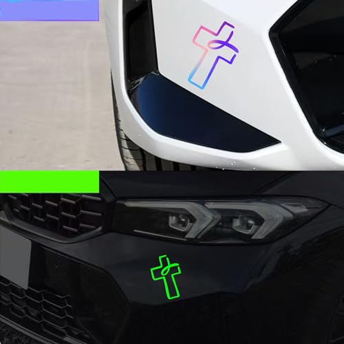 2 Pieces Fluorescent Neon Green Cross & Buddha, Skull Car Decal, Safety Religious Spiritual Stickers for SUV, Windows, Motorcycles, Skateboard Christian Night Visibility Hide Scratches (Cross B) - color: Cross B
