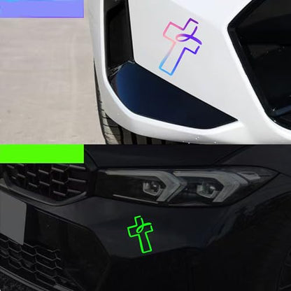 2 Pieces Fluorescent Neon Green Cross & Buddha, Skull Car Decal, Safety Religious Spiritual Stickers for SUV, Windows, Motorcycles, Skateboard Christian Night Visibility Hide Scratches (Cross B) - color: Cross B
