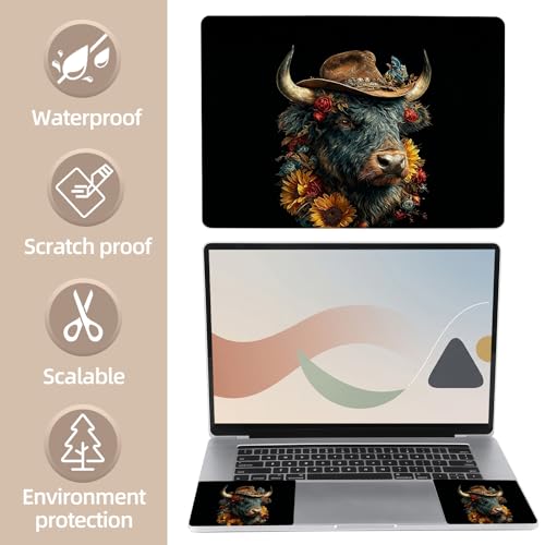 Universal Laptop Skin Sticker for 12/13/14/15.6 Inch Laptops, Reusable Vinyl Laptop Decal Cover, Waterproof Scratch Resistant Notebook Skin with 2 Wrist Pads,Cowboy Highland Bull - color: Cowboy Highland Bull