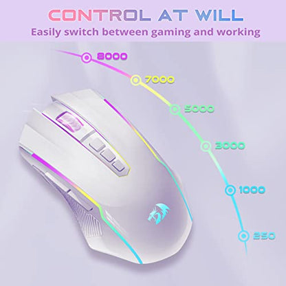 Redragon Wireless Gaming Mouse with RGB Backlit, 8000 DPI, with Fire Button, Macro Editing Programmable,70Hrs for Windows/Mac, Rechargeable, White, M910-WS - color: White, style: 2.4G/ Wired