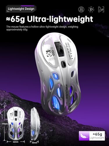 FMOUSE Wireless Mouse Gaming, Tri-Mode 2.4G & Bluetooth & Wired, White-Gray | Stylish Hollow RGB | Charge While Using | Custom Macro Programming | Efficient Office | 4800 DPI | Mac iPad Laptop | 65g