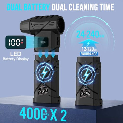 MTOX Compressed Air Duster, 2 Swappable Battery,150,000RPM Super Power Rechargeable Electric Air Duster, Blower, 2in1 Vacuum, 4-Gear Adjustable, LED, for Keyboard, PC, Car, Home (Frosted Black) - color: Frosted Black