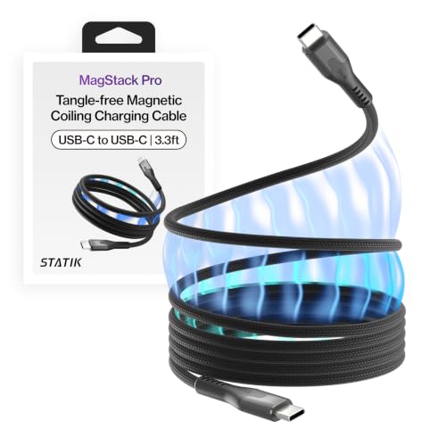 Statik MagStack Pro USB C to USB C Coiling Magnetic Charging Cable,100W | Nylon Braided Tangle-Free Design, Magnetic Coiling, Data Transfer, Compatible with iPhone & Android, 3FT Black - color: Black, size: 3ft, style: USB-C to USB-C