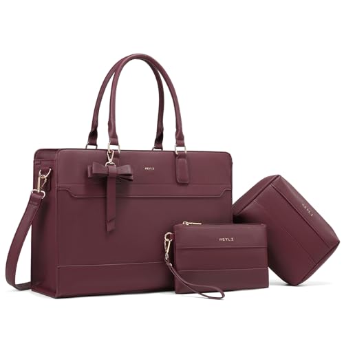 Keyli 3pcs Laptop Bag for Women 15.6 Inch Leather Work Tote Bags Professional Business Office Computer Shoulder Briefcase - color: 3pcs-wine Red