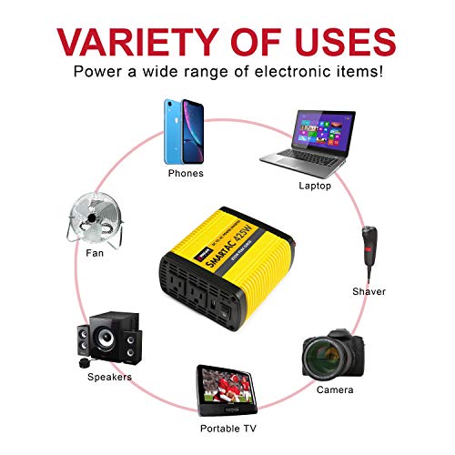 Wagan EL3706 425W Power Inverter 425W TrueRated Continuous 825W Surge PowerAC to DC 12V to 110V AC Inverter with 2 AC Outlets and 2A USB Charging Port - size: 425W