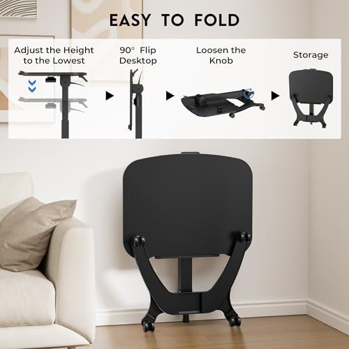 BONTEC Mobile Foldable Standing Desk, Portable Adjustable Height Desk with Gas Spring, Small Rolling Laptop Desk with Wheels for Home, Office, Bedroom, and Medical Use, 25.6" x 19.7" Desktop, Black - color: Black