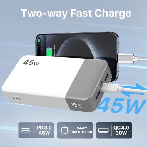 NOBIS Portable Charger 45W 20000mAh Power Bank Fast Charging | 2C+2A Battery Pack with C to C Cable, Battery Bank with Digital Display for iPhone Android Laptop etc - color: White