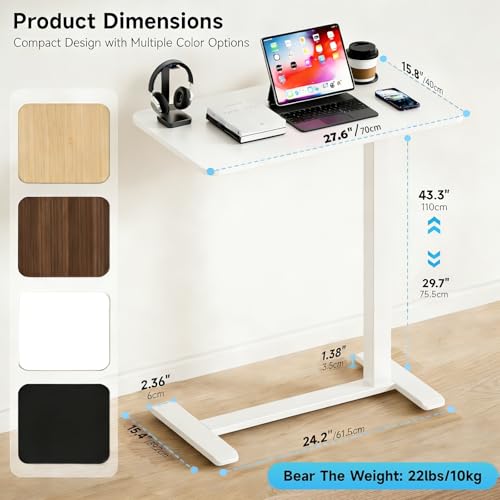 BIZUM Adjustable Hospital Bed Table on Wheels, Rolling Bedside Table White | Adjustable height 29.7-43.3in, 27.6x15.8in surface, cup holder, 22lb capacity, pneumatic lift, 4 swivel wheels - color: White