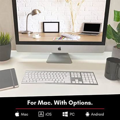 Macally Wireless Bluetooth Keyboard for Mac - Compatible Apple Keyboard or MacBook Pro/Air, iMac - Multi-Device, Up to 3 Devices with 110 Keys, 20 Shortcuts, Numeric Keypad, and Rechargeable - Silver - color: Aluminum Silver