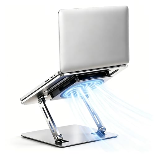 Laptop Cooling Stand with 12cm Turbo Fan, Ergonomic Dual-Axis Laptop Riser with 30cm Height Adjustment & 180° Rotation, 20KG Bearing Desk Stand for 11"-17" Laptops, Tablets, Gaming & Work (Silver)