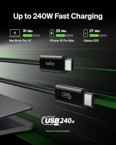 Belkin USB C to USB C 240W Cable 2 Pack, 6.6ft Fast iPhone Charger Cord | iPhone 15/16/17, Samsung Galaxy S26, Pixel 10, Airpods, iPad, Nintendo Switch 2, MacBook, Steam Deck, Travel, Chromebook - color: Black, style: 6.6 ft - 2 pack
