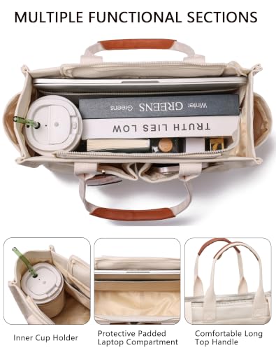 Canvas Tote Bag for Women,Women's Bags Crossbody Bags Work Laptop Tote Bag Large Handbags Purse for Travel Nurse Teacher - color: New Upgrade White With Compartments and Side Cup Holders