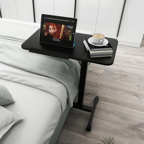 PUNCIA 28" Overbed Table with Split Tilting Desktop,Pneumatic C Table,Black | Mobile Laptop Desk for Bedside, Height Adjustable End Table with Wheels, Computer Cart for Home Sofa Office & Hospital Use - color: Black