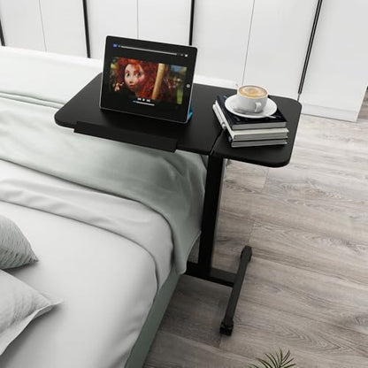 PUNCIA 28" Overbed Table with Split Tilting Desktop,Pneumatic C Table,Black | Mobile Laptop Desk for Bedside, Height Adjustable End Table with Wheels, Computer Cart for Home Sofa Office & Hospital Use - color: Black