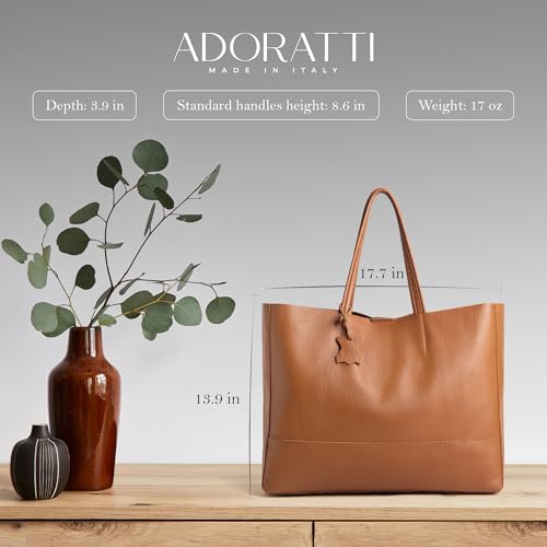 Italian Leather Tote Bag for Women - Large Shoulder Shopper, Fits 16” Laptop, Keychain Holder, Made in Italy - color: Dark Brown