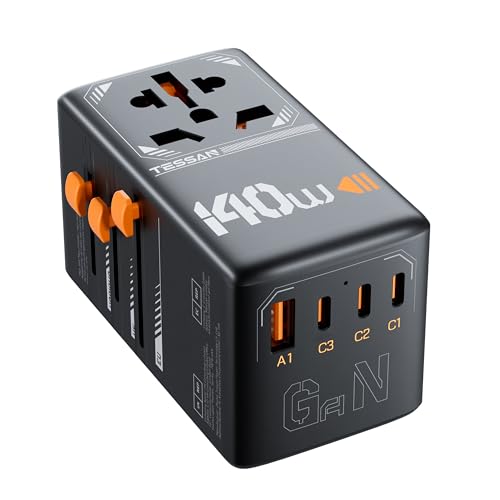 TESSAN Universal Travel Adapter, 140W GaN International Plug Adaptor with 3 USB C and 1 USB A Charging Ports, Worldwide Power Outlet for US to Europe UK AUS Ireland(Type C/G/A/I), Black - color: Black&Orange-140W