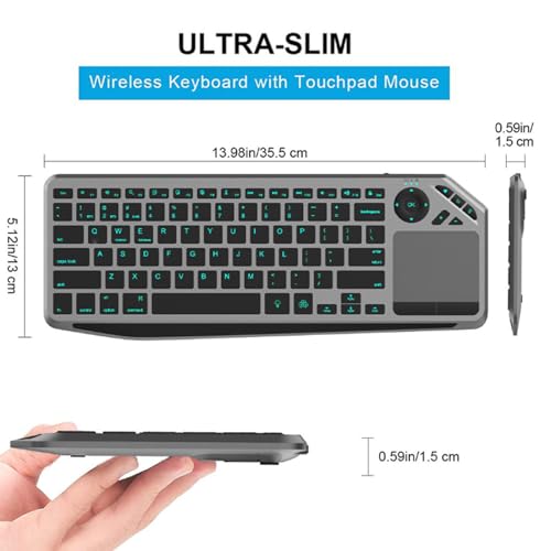 Tangxi Wireless Touch Keyboard with Touchpad, 7 Color Backlight Keyboard for TV PC Laptop Tablet, 2.4G Dual Mode, USB C Rapid Charging, 1000mAh Battery