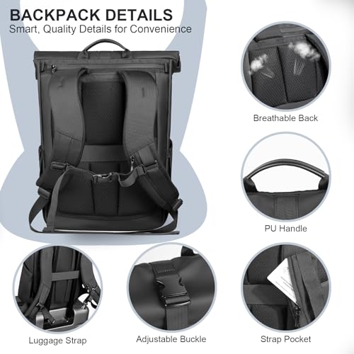 Rolltop Laptop Backpack, Expandable 20-27L Travel Backpack for Men Women | Water-Resistant Casual Daypack with Quick-access Rear Zipper for 15.6 inch Computer, Laptop Bag for Commute/College/Hiking