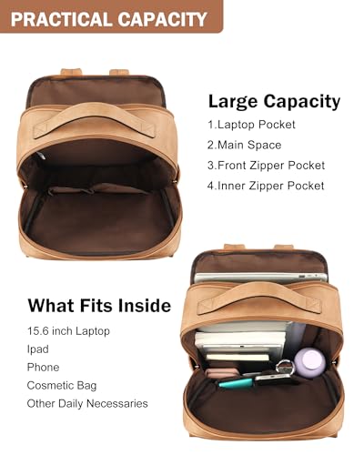 MASINTOR 15.6 inch PU Leather Laptop Backpack Purse for Women | College Laptop Backpack, Spacious Main Compartment, Luggage Strap & Padded Sleeve, Ideal for Campus, Commute & Travel - color: Retro Camel